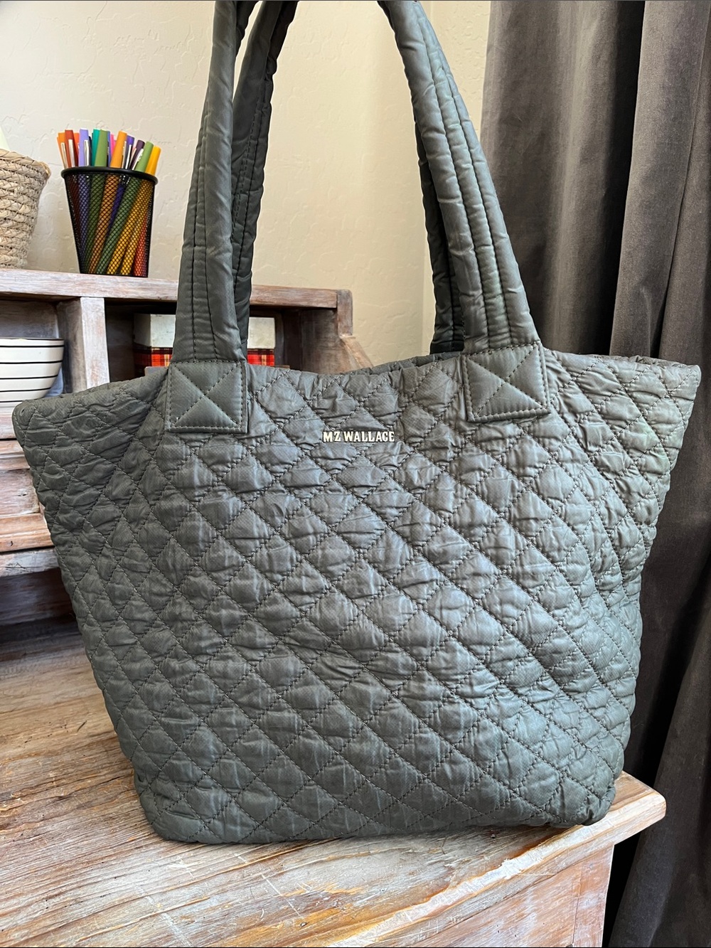 🩶 MZ Wallace X Barre 3 Metro Tote Quilted Nylon Grey Leather Accent